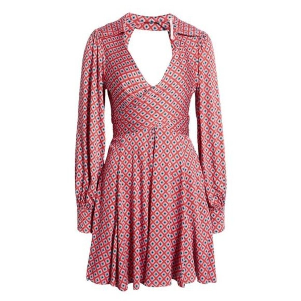 New Free People Long-Sleeve Wrap Dress Open Back & Tie Detail in Red Geometric S